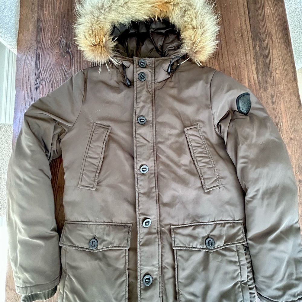 RUDSAK Men's Brown Puffer Jacket with Fur Hood
